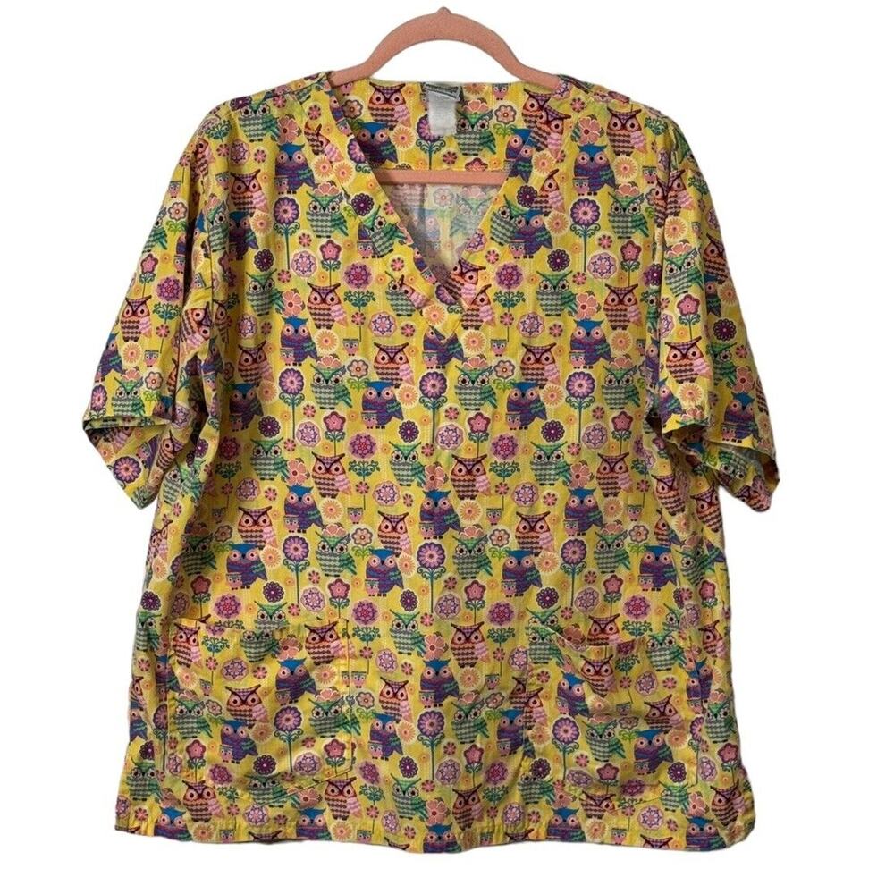 UA Scrubs Nurse Top XL Yellow Owls Floral V Neck Veterinary‎ Dental Healthcare